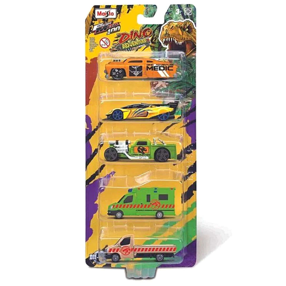 Pack 5 Miniaturas De Carro Fresh Metal Dino Adventure 3 Maisto 15464