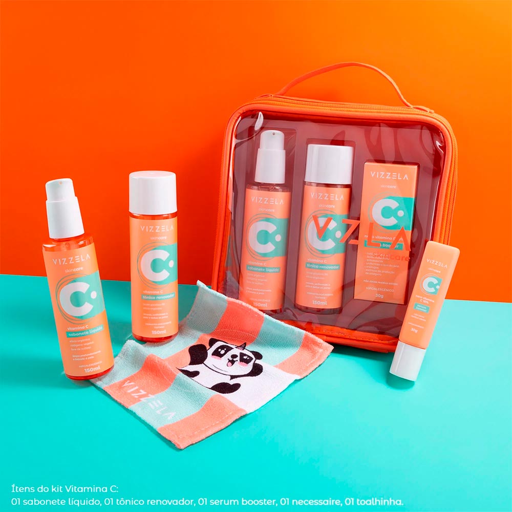 Encontraproduto.com.br - Vizzela Vitamina C Kit Sabonete Tônico Sérum Toalhinha Necessaire Kit