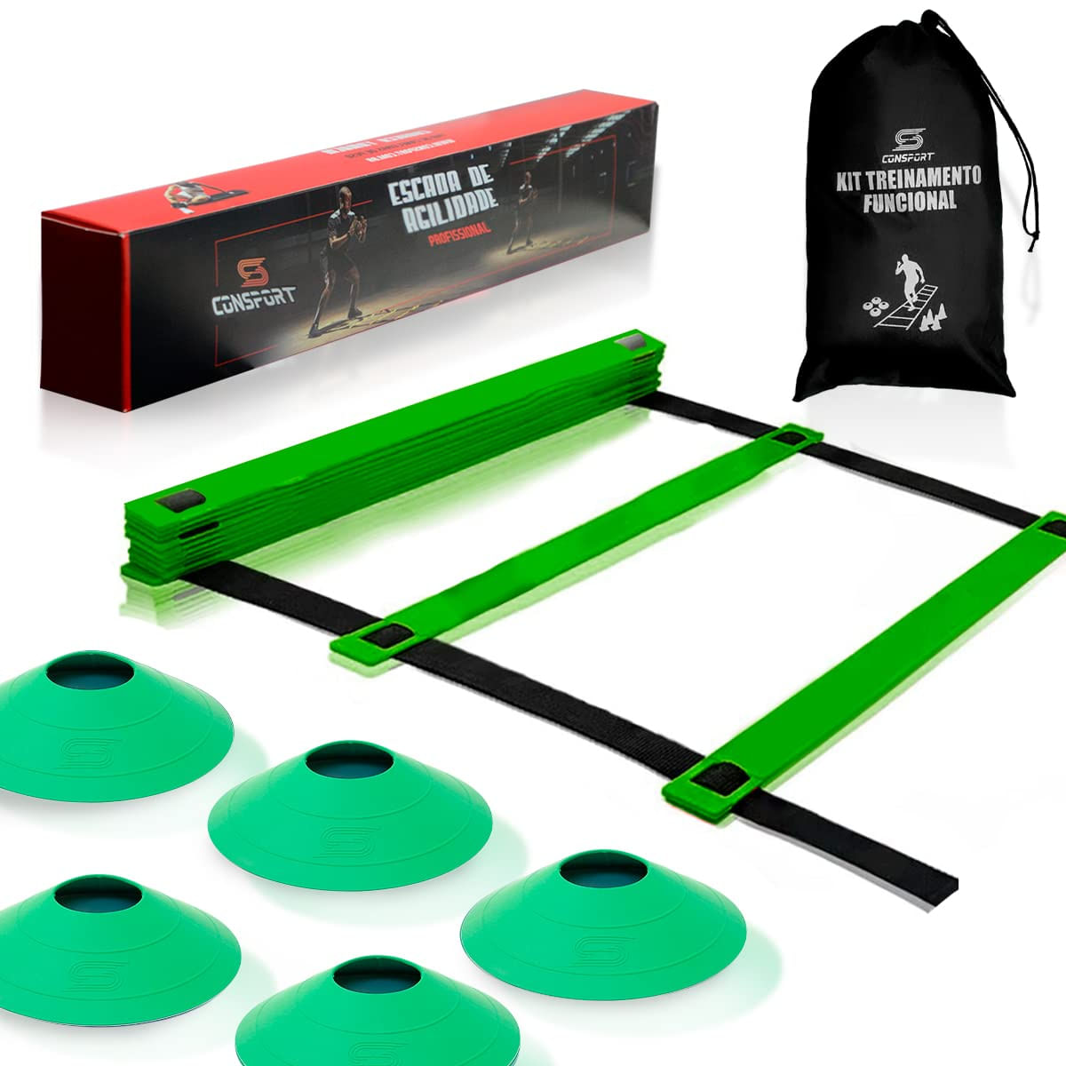 Kit Agilidade Escada Cones Futebol Mochila Treino Funcional Exercicio Resistencia - Verde