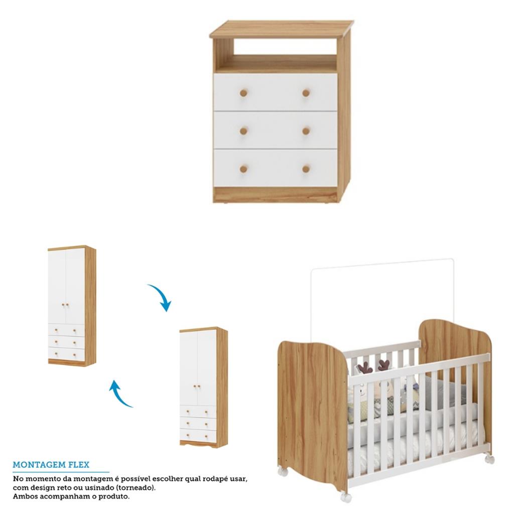 Encontraproduto.com.br - Quarto de Bebê Completo com Berço Americano Uli Guarda Roupa e Cômoda MDF Smim New Móveis Peroba
