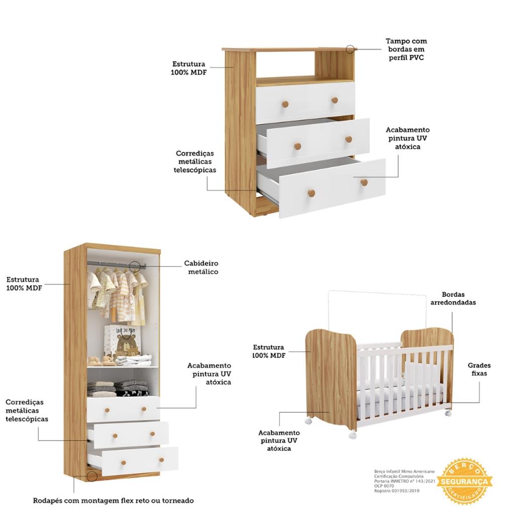 Encontraproduto.com.br - Quarto de Bebê Completo com Berço Americano Uli Guarda Roupa e Cômoda MDF Smim New Móveis Peroba