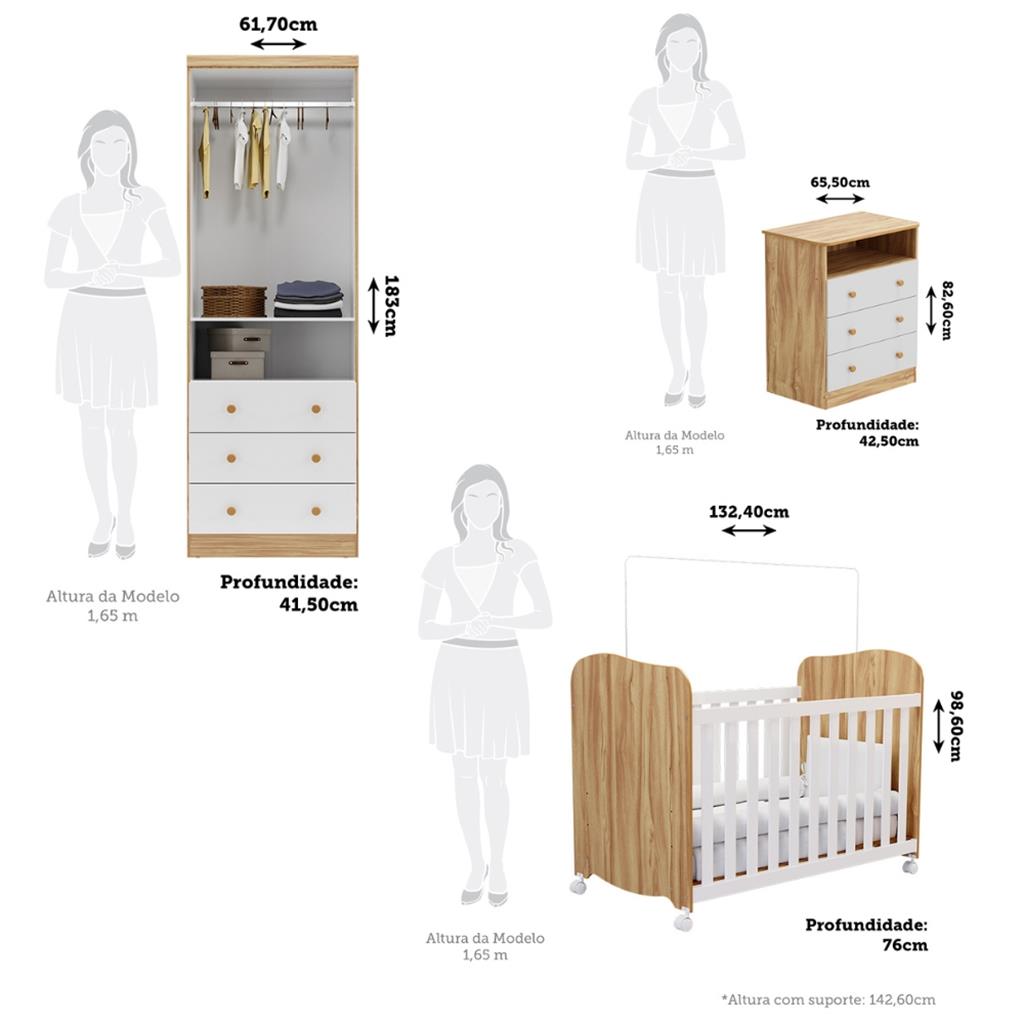 Encontraproduto.com.br - Quarto de Bebê Completo com Berço Americano Uli Guarda Roupa e Cômoda MDF Smim New Móveis Peroba