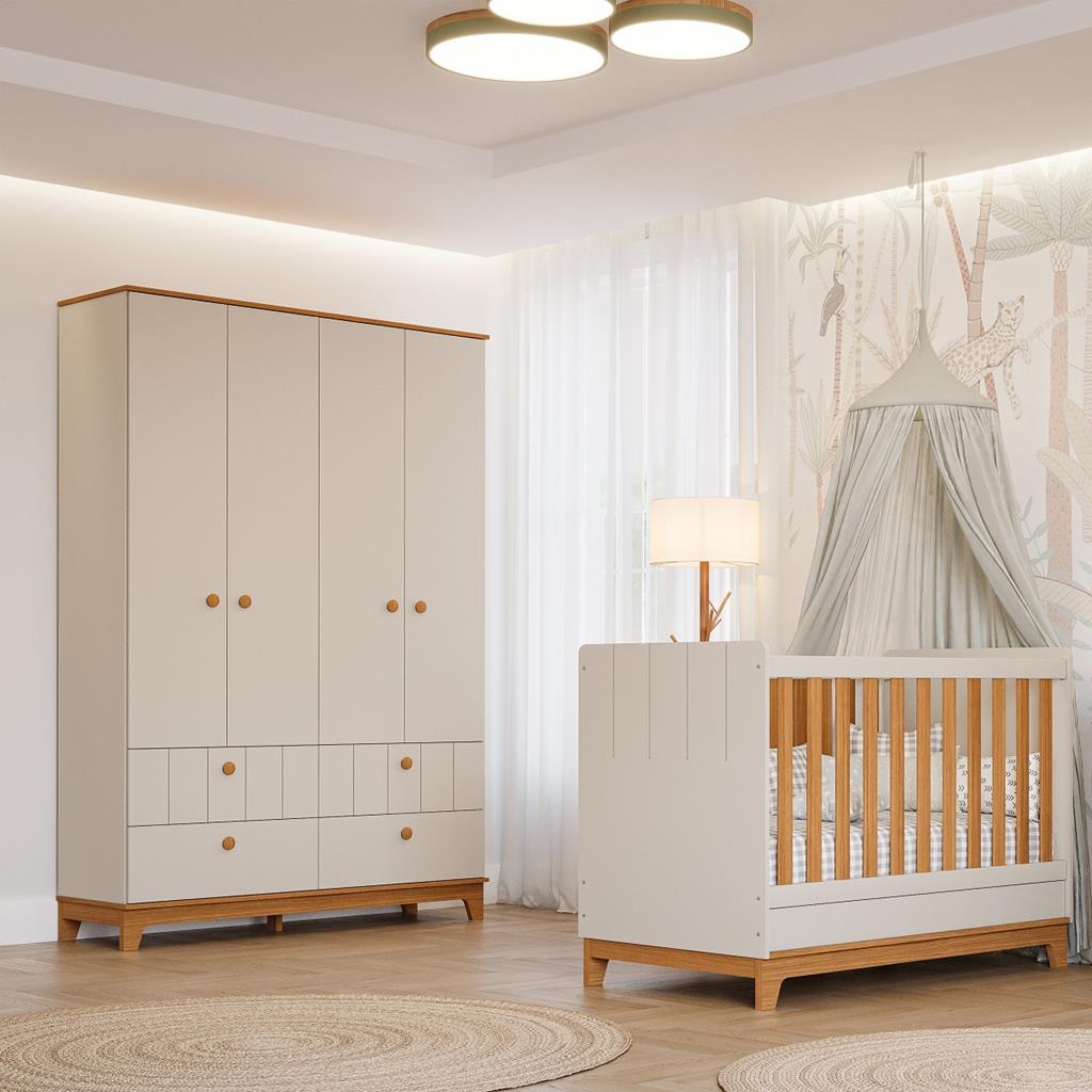 Quarto de Bebê Berço Mini Cama e Guarda-Roupa 4 portas 4 gavetas Liza Permobili