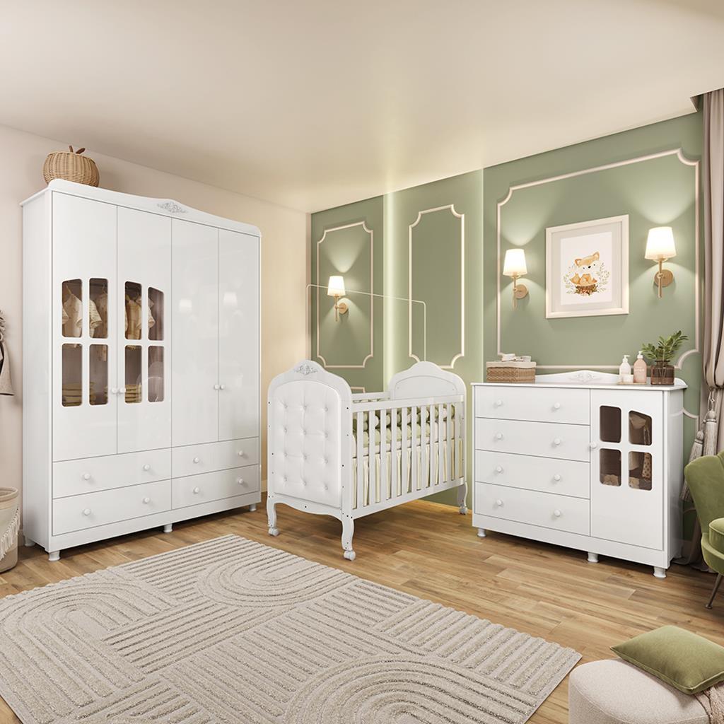 Quarto de Bebê Completo com Berço Mini Cama com Capitonê Guarda Roupa e Cômoda MDF com Janela Elô New Móveis Peroba