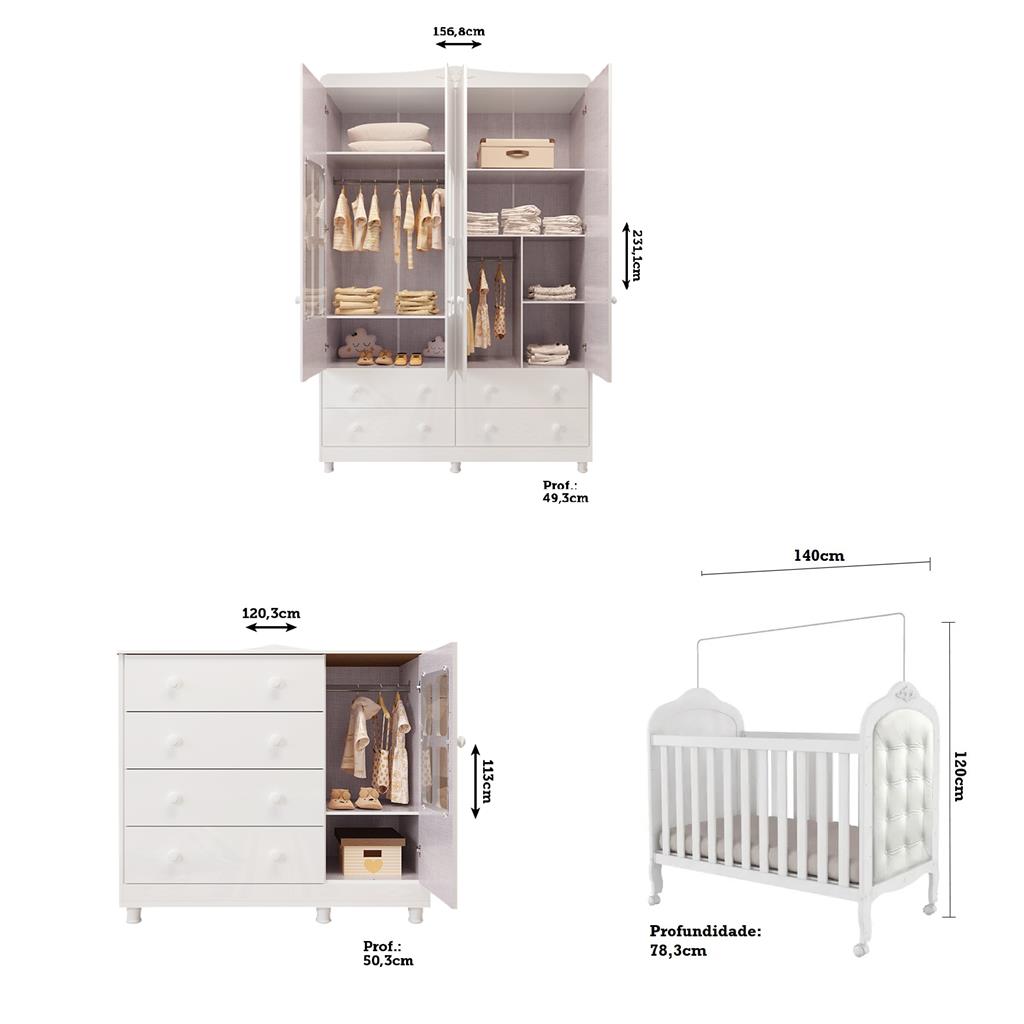 Encontraproduto.com.br - Quarto de Bebê Completo com Berço Mini Cama com Capitonê Guarda Roupa e Cômoda MDF com Janela Elô New Móveis Peroba