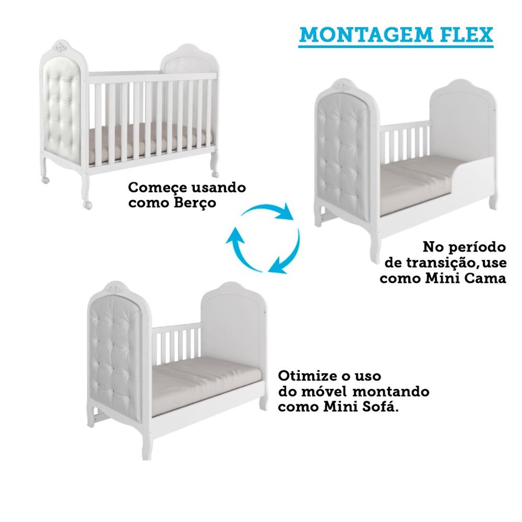 Encontraproduto.com.br - Quarto de Bebê Completo com Berço Mini Cama com Capitonê Guarda Roupa e Cômoda MDF com Janela Elô New Móveis Peroba