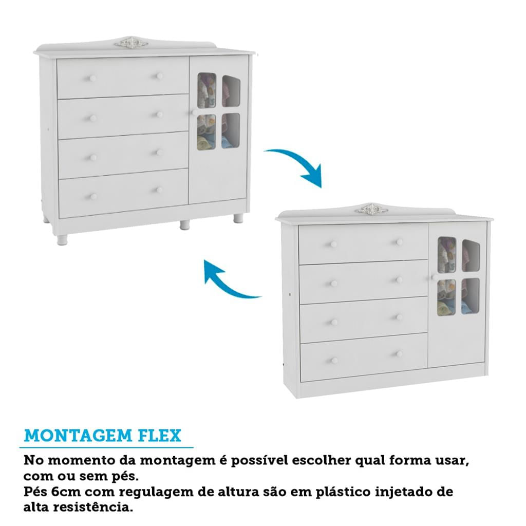 Encontraproduto.com.br - Quarto de Bebê Completo com Berço Mini Cama com Capitonê Guarda Roupa e Cômoda MDF com Janela Elô New Móveis Peroba
