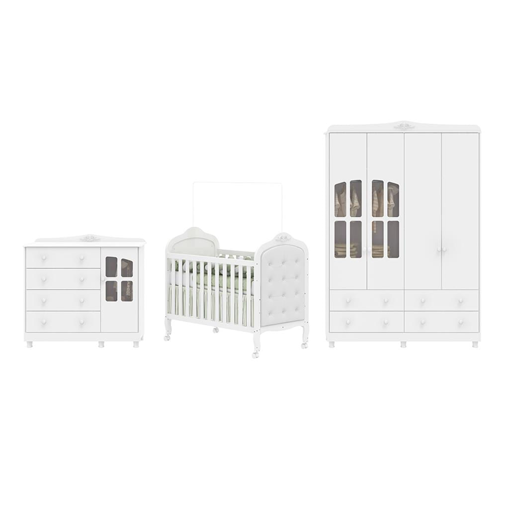 Encontraproduto.com.br - Quarto de Bebê Completo com Berço Mini Cama com Capitonê Guarda Roupa e Cômoda MDF com Janela Elô New Móveis Peroba