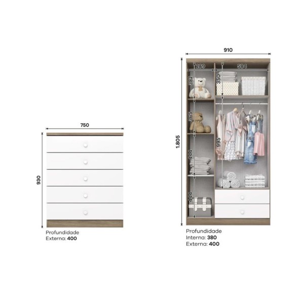 Encontraproduto.com.br - Quarto de Bebê Guarda Roupa 3 Portas 2 Gavetas e Cômoda 5 Gavetas Bala de Menta Henn