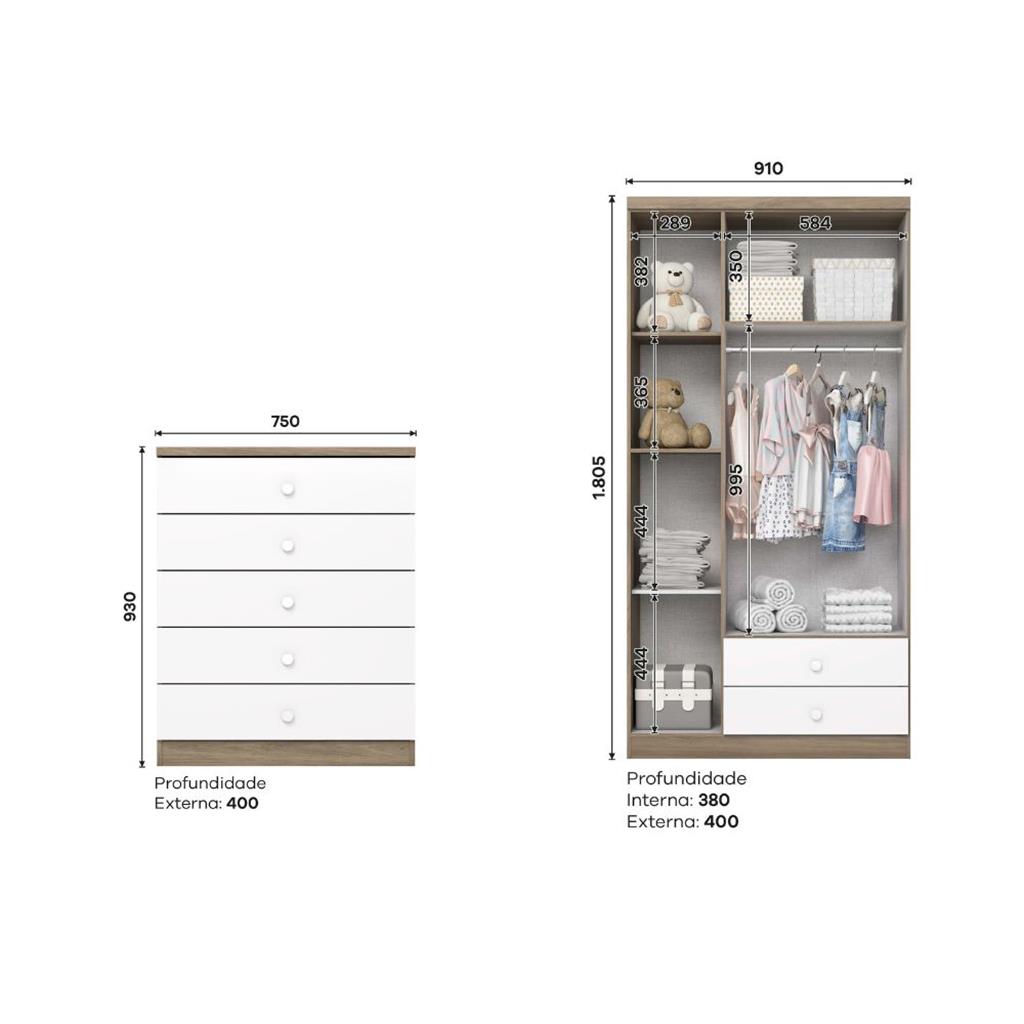 Encontraproduto.com.br - Quarto de Bebê Guarda Roupa 3 Portas 2 Gavetas e Cômoda 5 Gavetas Bala de Menta Henn