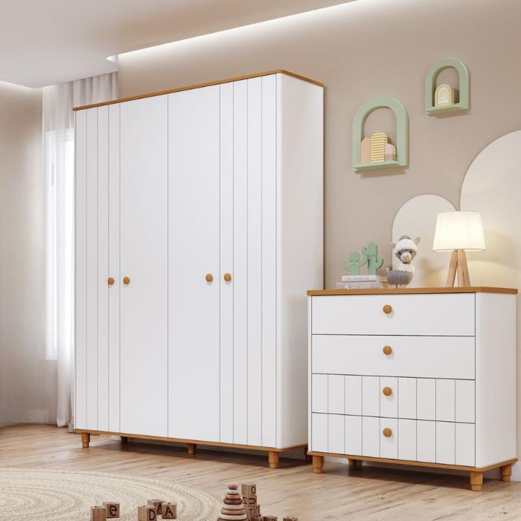 Quarto de Infantil Completo Guarda Roupa 4 Portas e Cômoda 4 Gavetas 100% MDFLívia Permobili