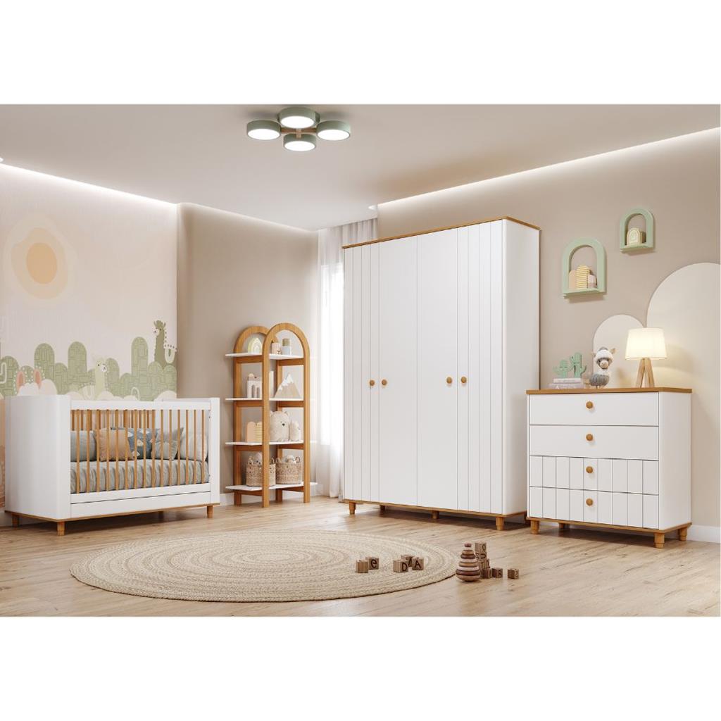 Quarto de Bebê Completo Berço Guarda Roupa 4 Portas e Cômoda 4 Gavetas 100% MDF Lívia Permobili