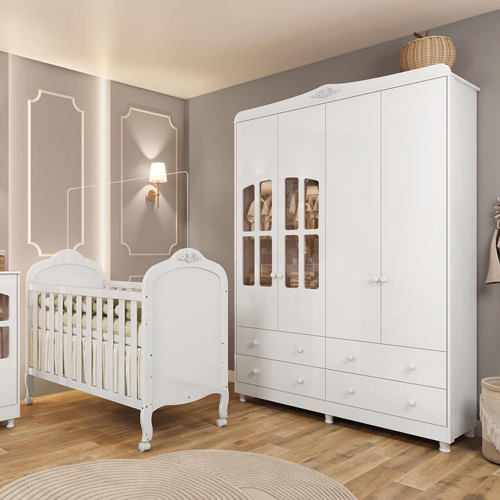 Quarto de Bebê Completo com Berço Mini Cama  e Guarda Roupa 100% MDF com Janela Elô New Móveis Peroba