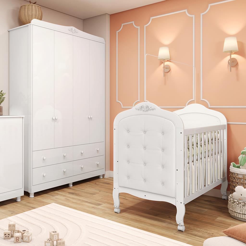 Quarto de Bebê Completo com Berço Mini Cama  com capitonê e Guarda-Roupa 100% MDF Elô New Móveis Peroba