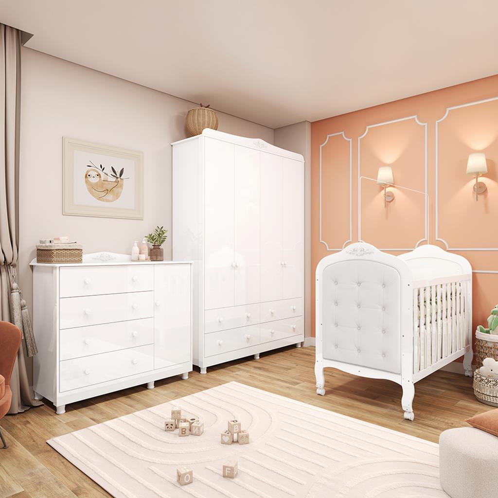 Quarto de Bebê Completo com Berço Mini Cama com capitonê Guarda-Roupa e Cômoda 100% MDF Elô New Móveis Peroba