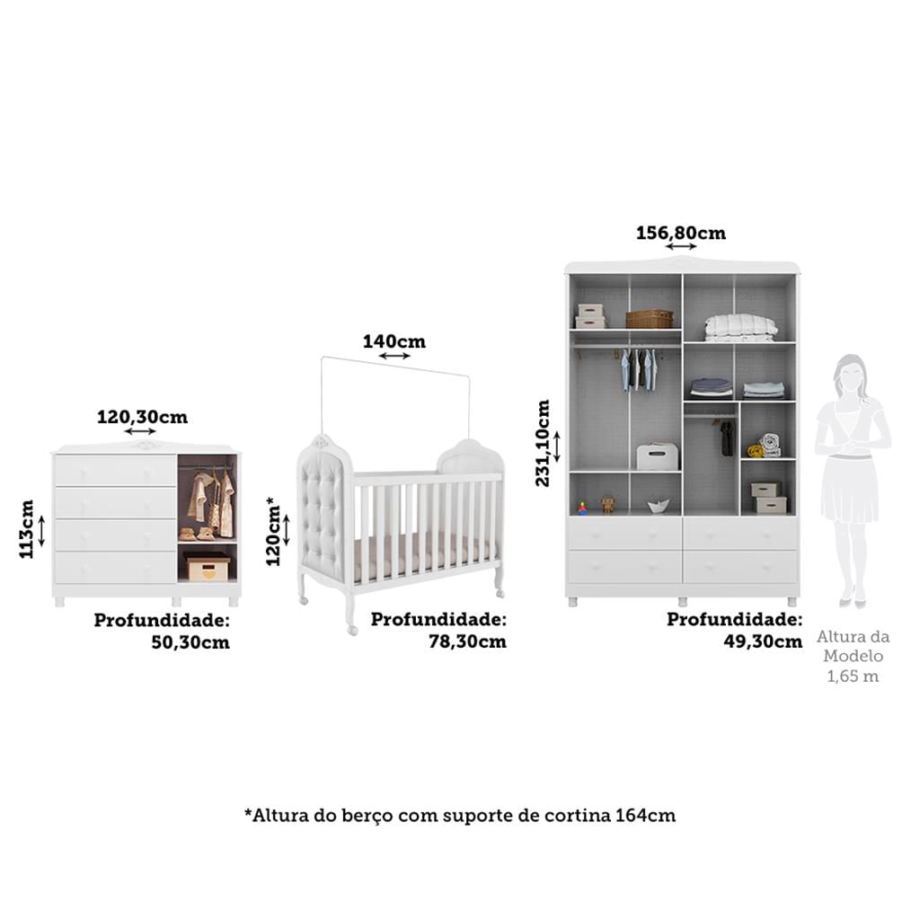 Encontraproduto.com.br - Quarto de Bebê Completo com Berço Mini Cama com capitonê Guarda-Roupa e Cômoda 100% MDF Elô New Móveis Peroba