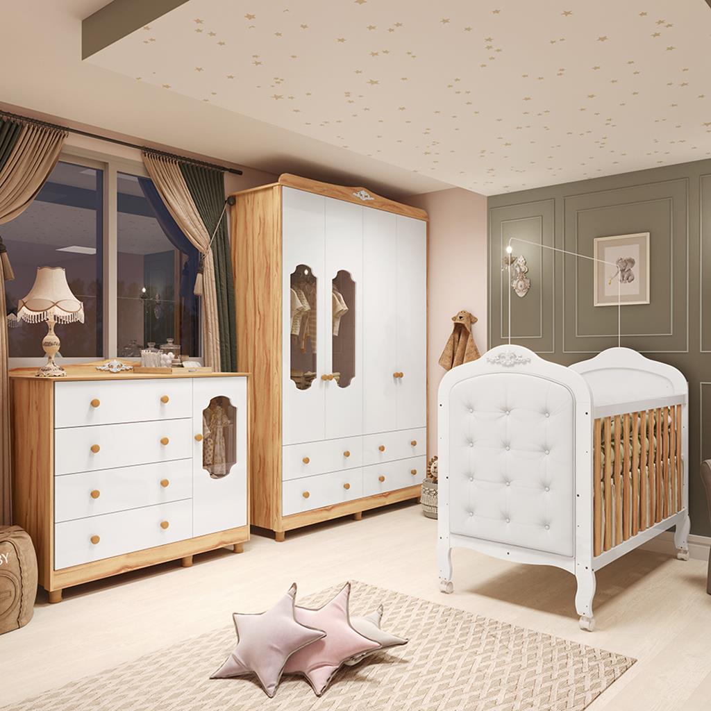 Encontraproduto.com.br - Quarto de Bebê Completo com Berço Mini Cama com capitonê Guarda Roupa e Cômoda 100% MDF Elô New Noah Móveis Peroba