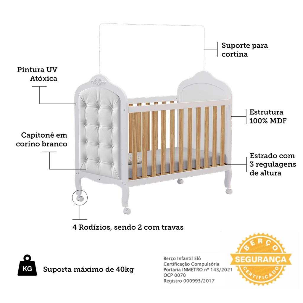 Encontraproduto.com.br - Quarto de Bebê Completo com Berço Mini Cama com capitonê Guarda Roupa e Cômoda 100% MDF Elô New Noah Móveis Peroba