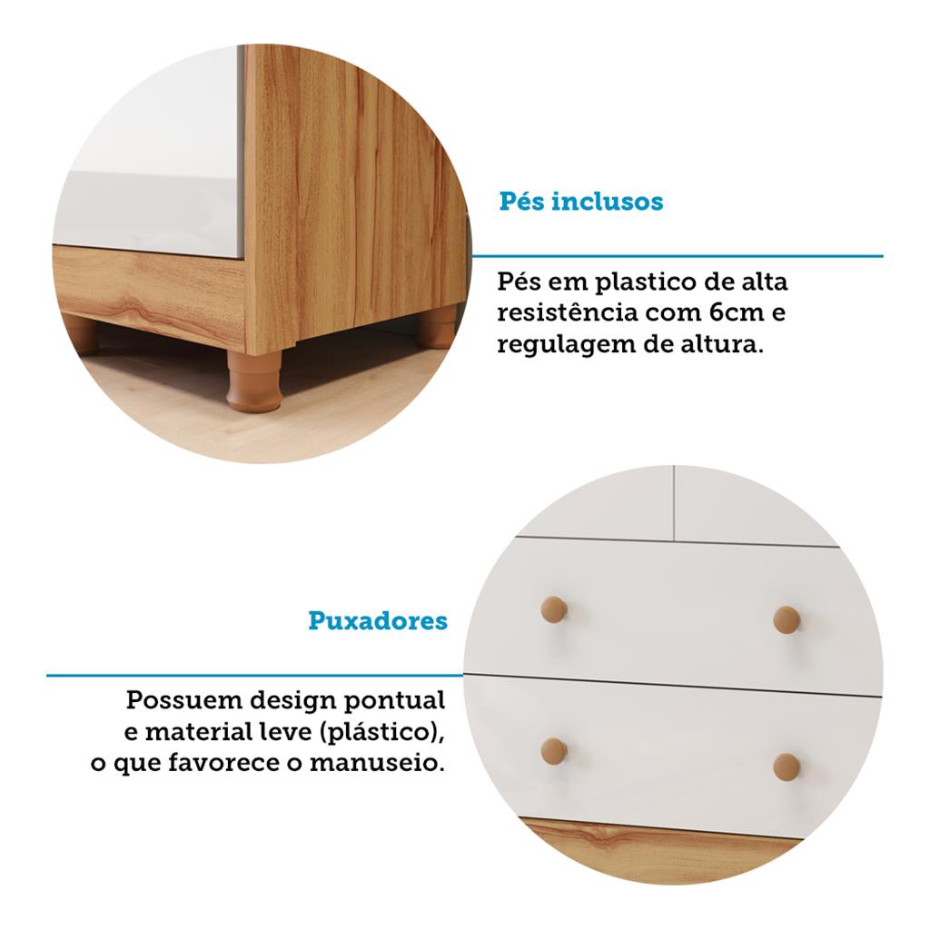 Encontraproduto.com.br - Quarto de Bebê Completo com Berço Mini Cama com capitonê Guarda Roupa e Cômoda 100% MDF Elô New Noah Móveis Peroba