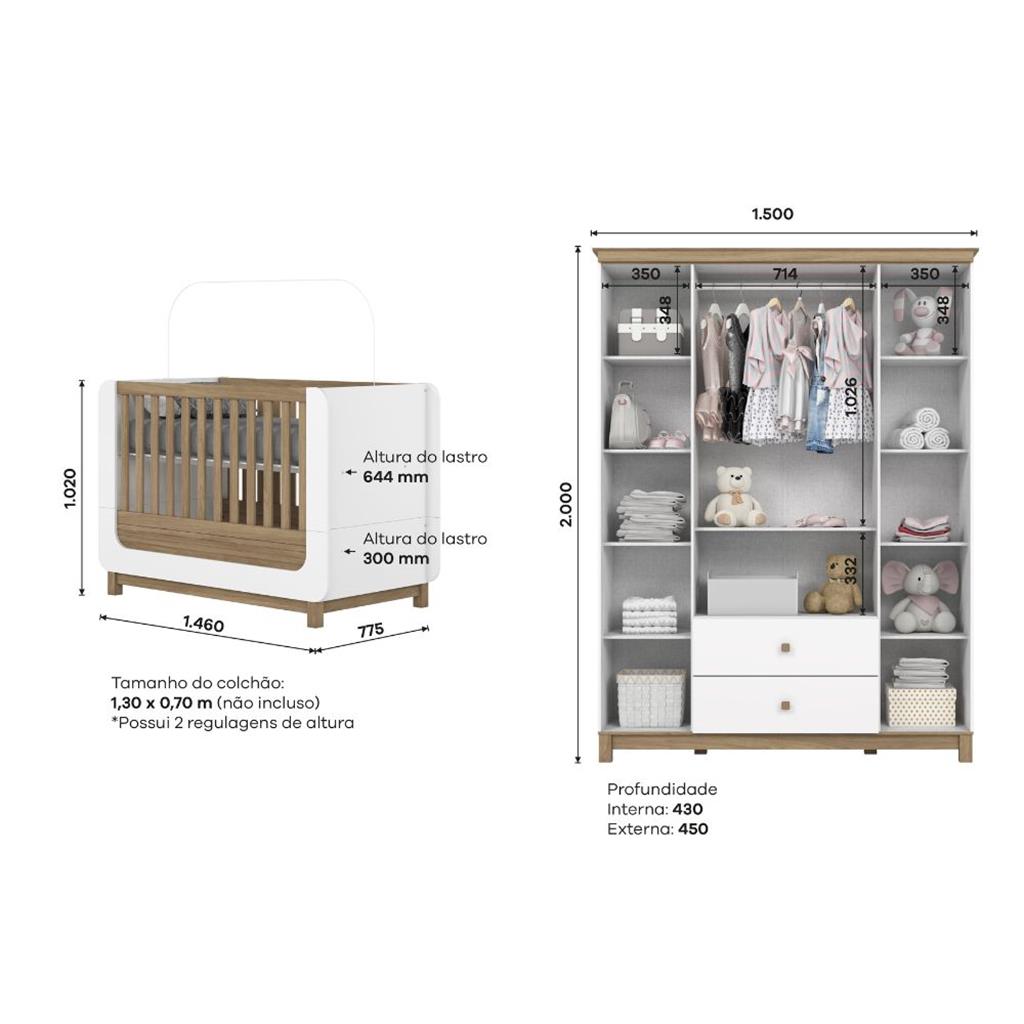 Encontraproduto.com.br - Quarto de Bebê com Guarda Roupa e Berço Aconchego Henn