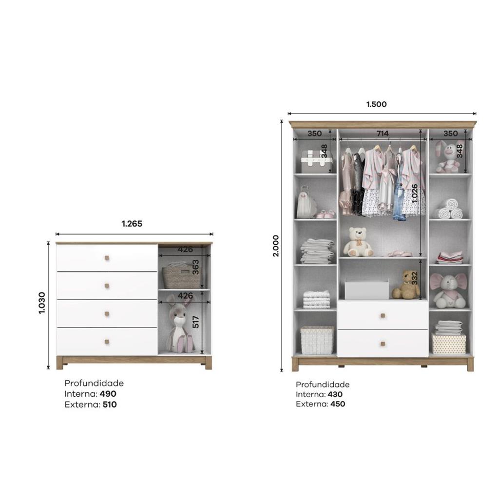 Encontraproduto.com.br - Quarto de Bebê Com Guarda Roupa e Cômoda Aconchego Henn