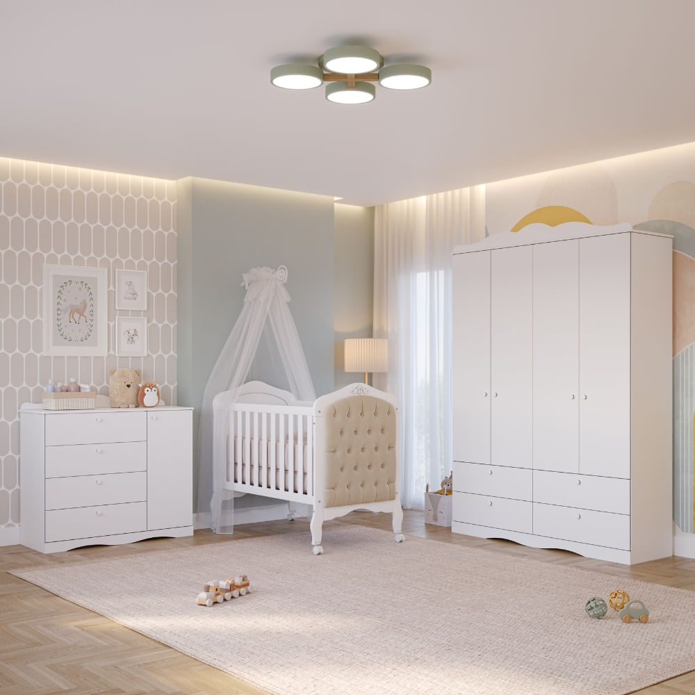 Quarto de Bebê com Guarda Roupa 4 Portas Cômoda e Berço Capitonê 2 em 1 100%MDF Laura Permobili
