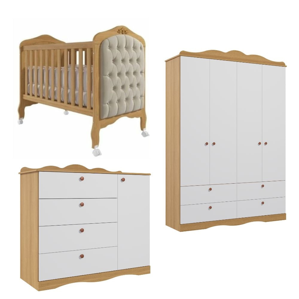 Encontraproduto.com.br - Quarto de Bebê com Guarda Roupa 4 Portas Cômoda e Berço Capitonê 2 em 1 100%MDF Laura Permobili