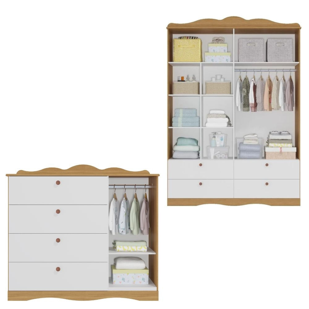 Encontraproduto.com.br - Quarto de Bebê com Guarda Roupa 4 Portas Cômoda e Berço Capitonê 2 em 1 100%MDF Laura Permobili