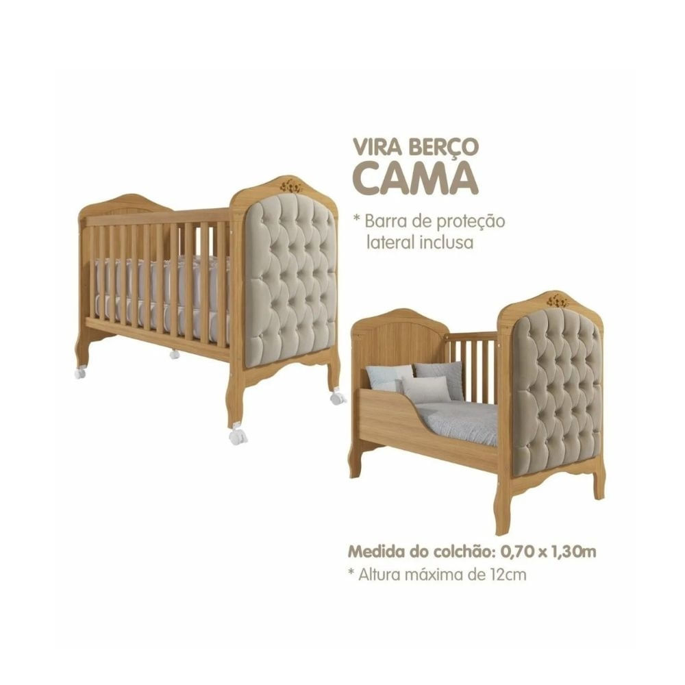 Encontraproduto.com.br - Quarto de Bebê com Guarda Roupa 4 Portas Cômoda e Berço Capitonê 2 em 1 100%MDF Laura Permobili