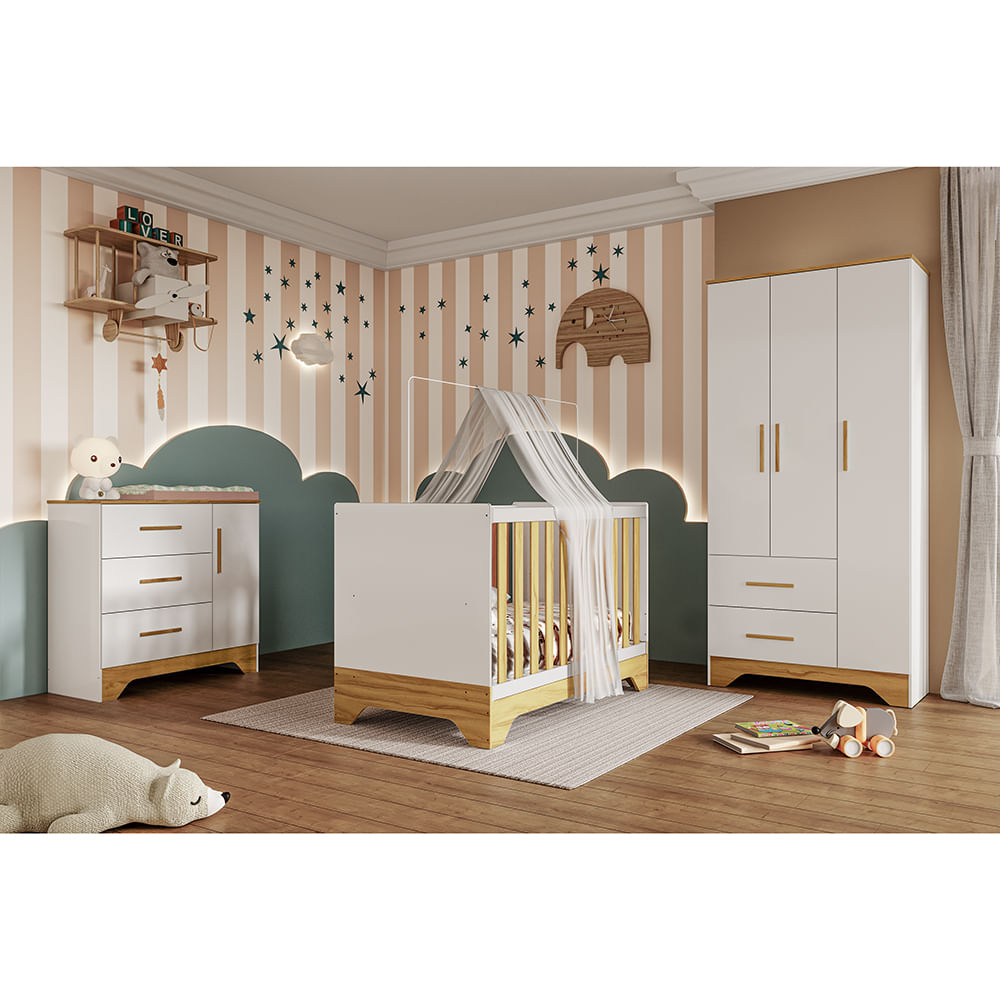 Quarto de Bebê Completo Guarda Roupa Cômoda e Berço 3 em 1 100% MDF Popy Móveis Peroba