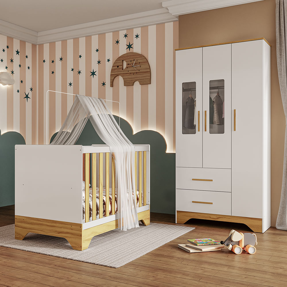 Quarto de Bebê Guarda Roupa com Janela e Berço 3 em 1 100% MDF Popy  Móveis Peroba