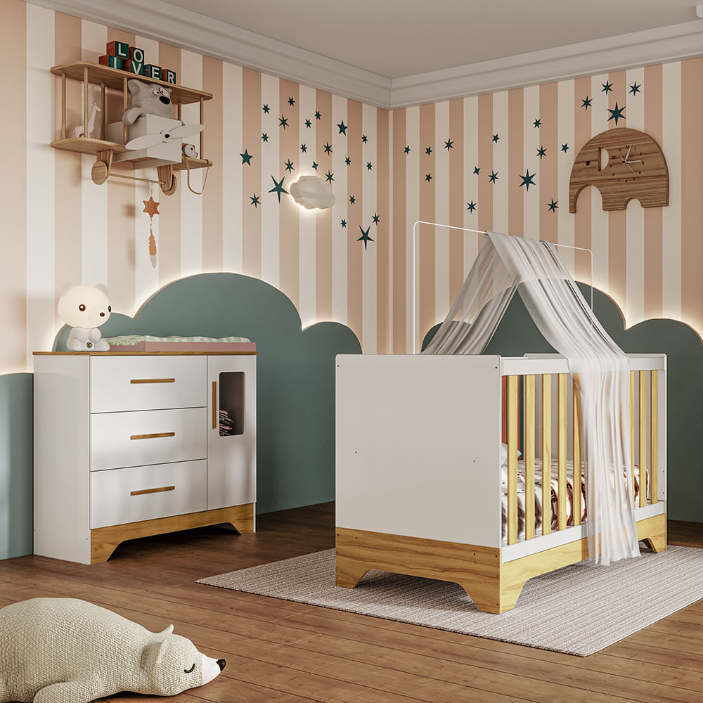 Quarto de Bebê Cômoda com Janela e Berço 3 em 1 100% MDF Popy Móveis Peroba
