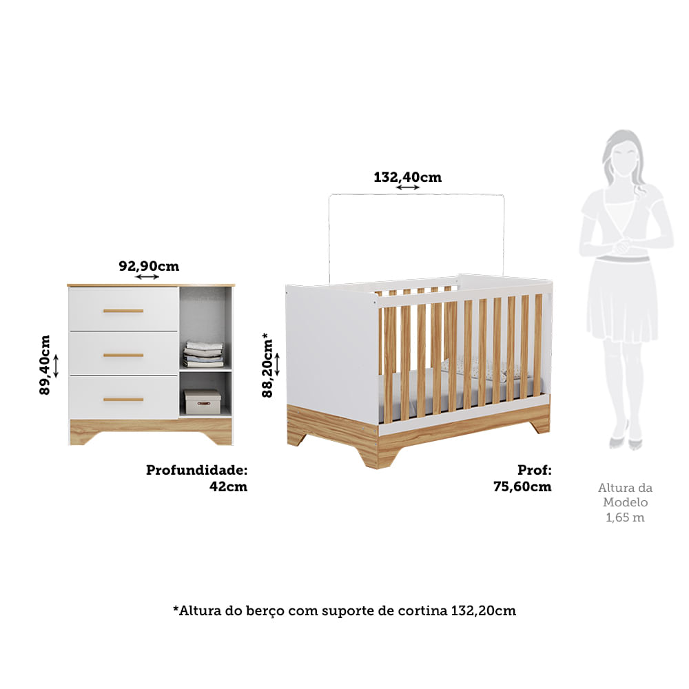 Encontraproduto.com.br - Quarto de Bebê Cômoda com Janela e Berço 3 em 1 100% MDF Popy Móveis Peroba