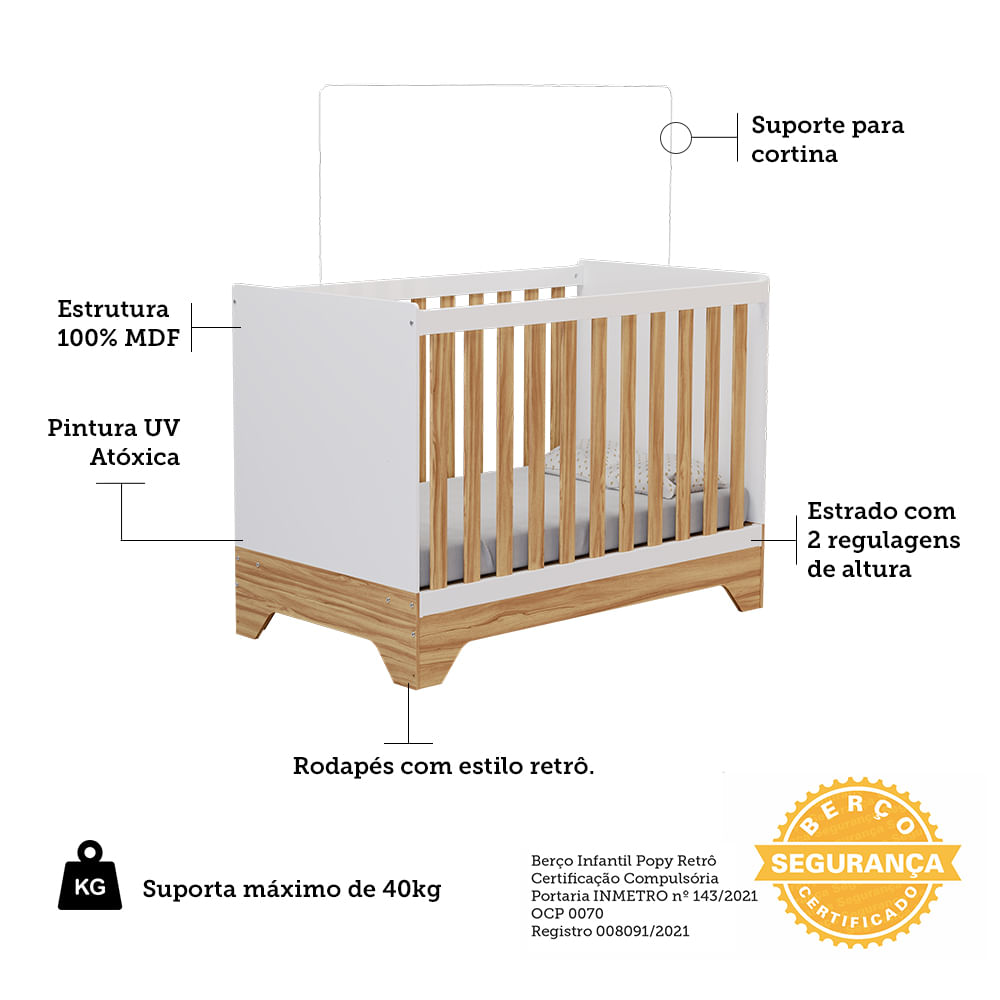 Encontraproduto.com.br - Quarto de Bebê Cômoda com Janela e Berço 3 em 1 100% MDF Popy Móveis Peroba