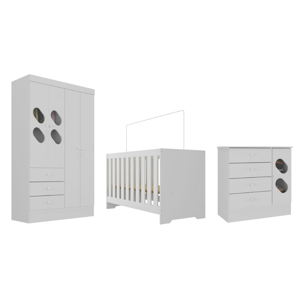 Encontraproduto.com.br - Quarto de Bebê com Guarda Roupa 4 Portas 3 Gavetas Cômoda 4 Gavetas 1 Porta com Janela e Berço 3 em 1  Maya Rodial