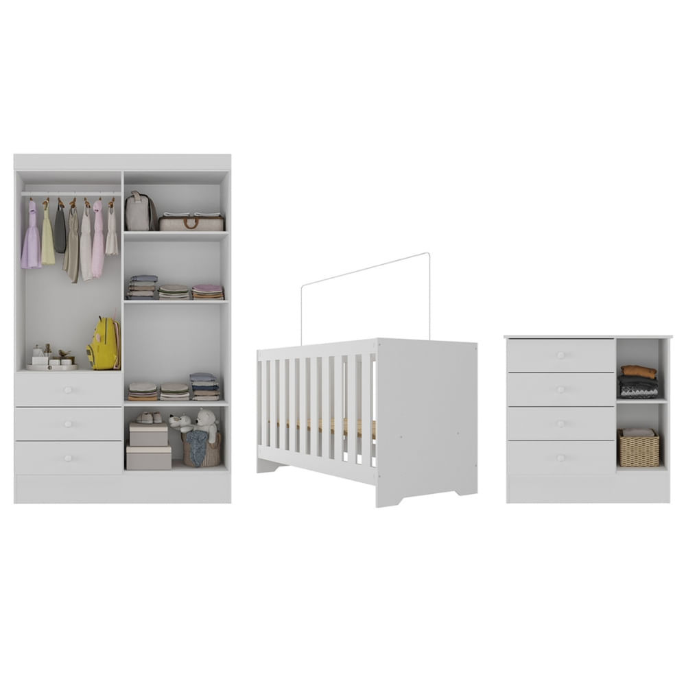 Encontraproduto.com.br - Quarto de Bebê com Guarda Roupa 4 Portas 3 Gavetas Cômoda 4 Gavetas 1 Porta com Janela e Berço 3 em 1  Maya Rodial