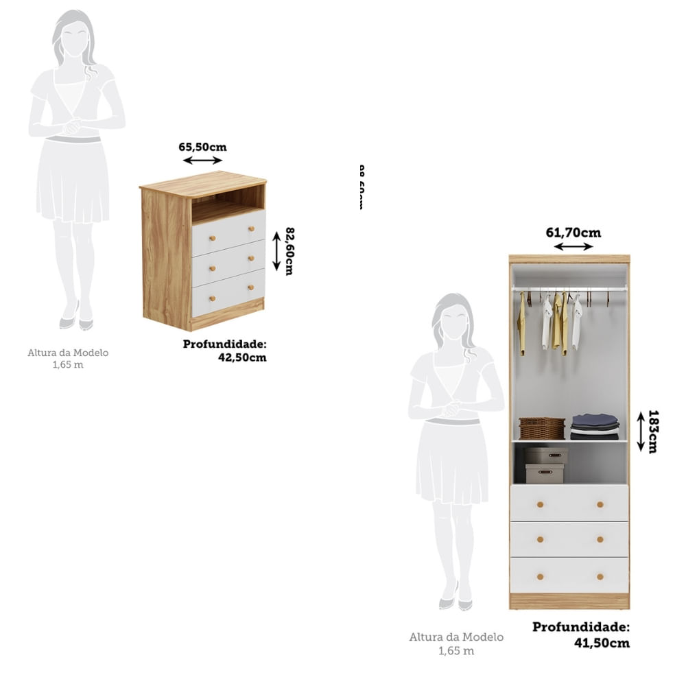 Encontraproduto.com.br - Quarto Infantil com Guarda Roupas 2 Portas 3 Gavetas e Cômoda 3 Gavetas Smim New Móveis Peroba