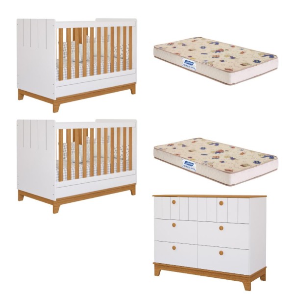 Quarto Bebê Gêmeos Berço Mini Cama  Cômoda Liza e 2 Colchões Gazin Permobili