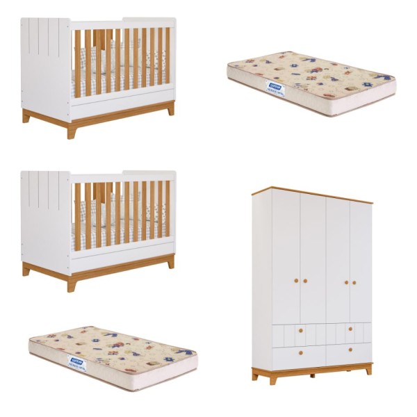 Encontraproduto.com.br - Quarto Bebê Gêmeos 2 Berço Mini Cama  Guarda Roupa Liza e 2 Colchões Gazin Permobili