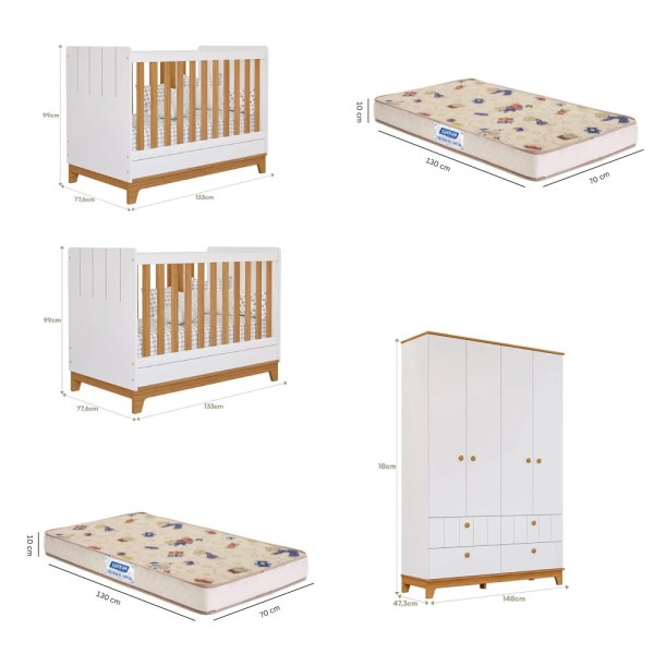 Encontraproduto.com.br - Quarto Bebê Gêmeos 2 Berço Mini Cama  Guarda Roupa Liza e 2 Colchões Gazin Permobili