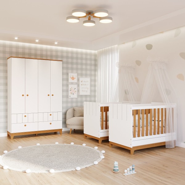Encontraproduto.com.br - Quarto Bebê Gêmeos 2 Berço Mini Cama  Guarda Roupa Liza e 2 Colchões Gazin Permobili