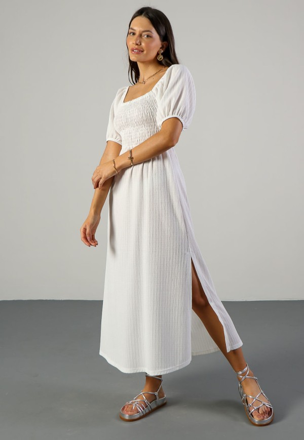 Encontraproduto.com.br - Vestido Midi em Malha Texturizada Off White