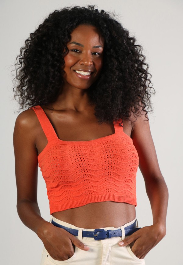 Regata Cropped em Tricot com Ondulação Laranja