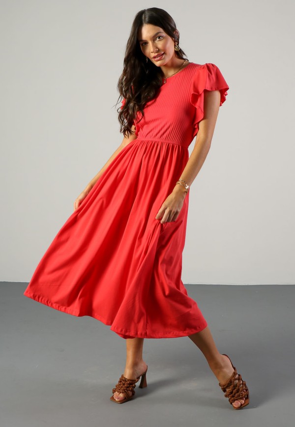 Encontraproduto.com.br - Vestido Midi Manga Ampla em Malha Vermelho