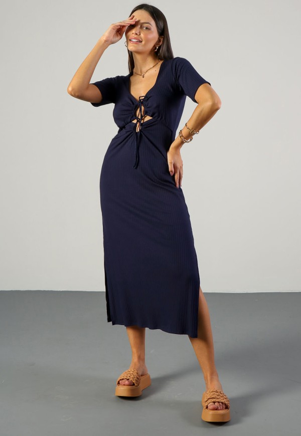 Vestido Midi com Recortes em Malha Canelada Marinho