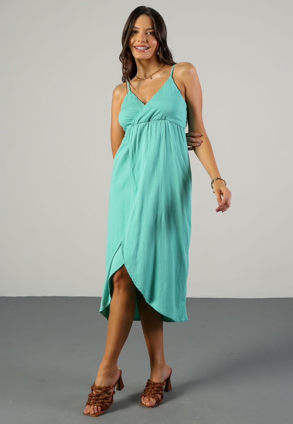 Vestido Midi Decote Transpassado em Rayon Turquesa