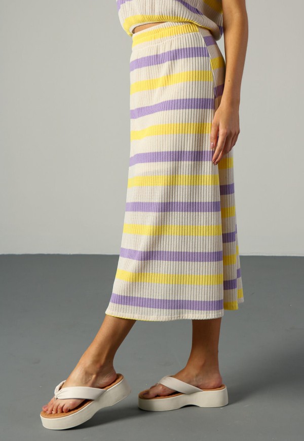 Encontraproduto.com.br - Saia Midi em Tricot Listrado Roxo e Amarelo