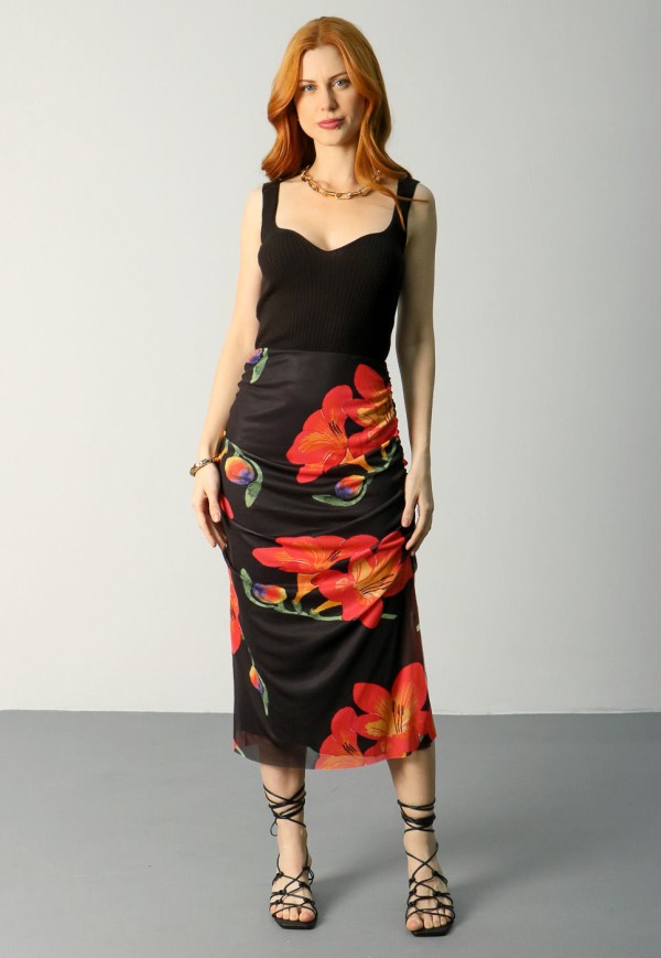 Saia Midi Tule Franzido Floral Vermelho e Preto