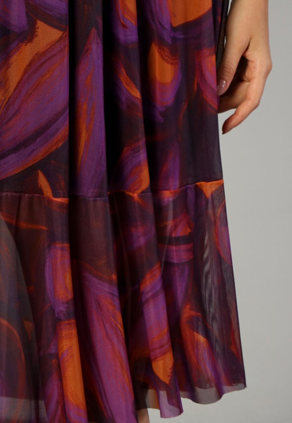 Encontraproduto.com.br - Vestido Midi Manga Longa em Tule Abstrato Roxo e Laranja
