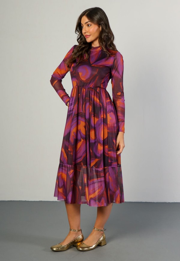 Encontraproduto.com.br - Vestido Midi Manga Longa em Tule Abstrato Roxo e Laranja